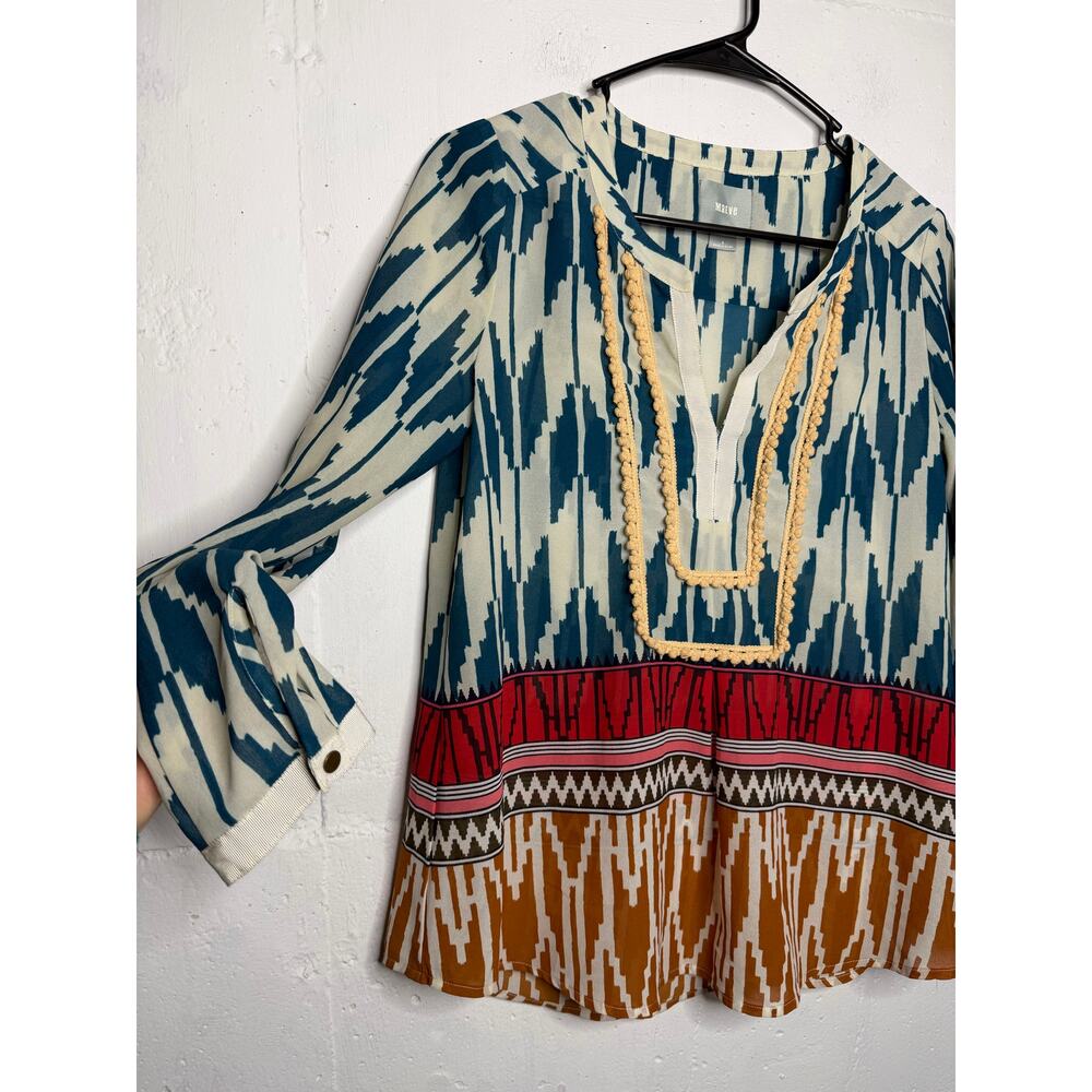 Maeve Anthropologie Women's Size 2 Long Sleeve V-Neck Ikat Aztec Print Blouse - Picture 6 of 6